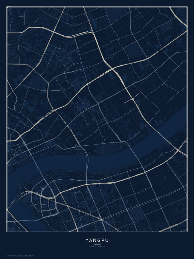 Yangpu map poster, midnight style