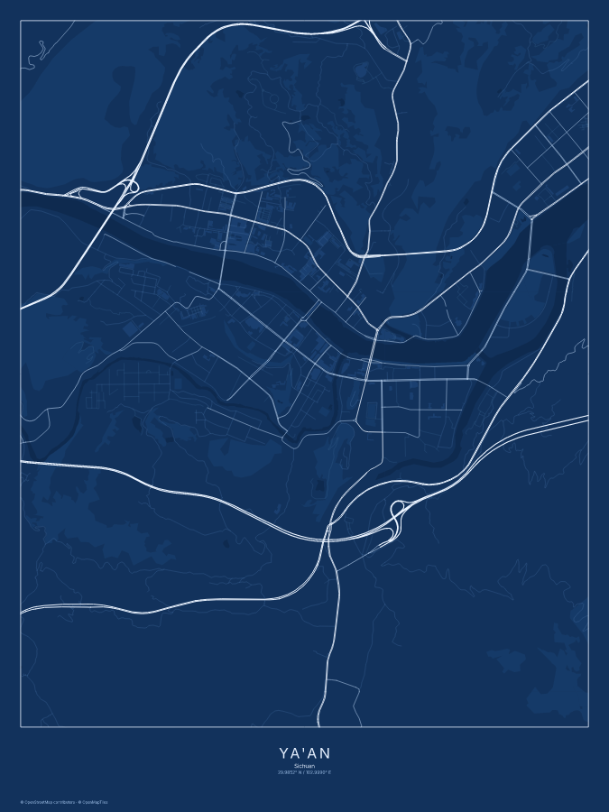 Ya'an map poster, blueprint style