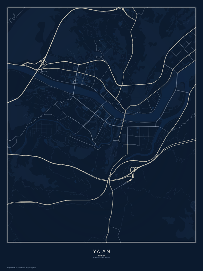 Ya'an map poster, midnight style