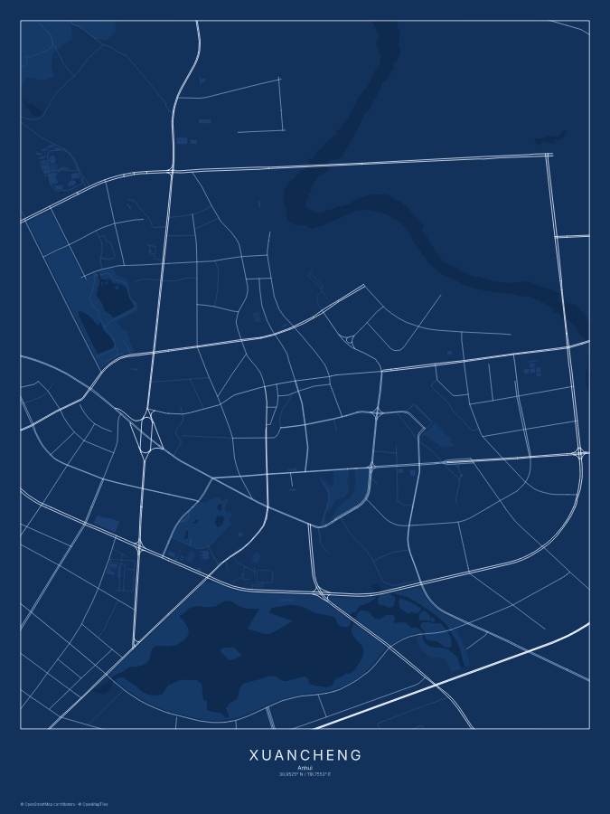 Xuancheng map poster, blueprint style