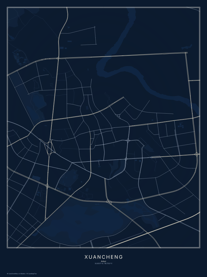 Xuancheng map poster, midnight style