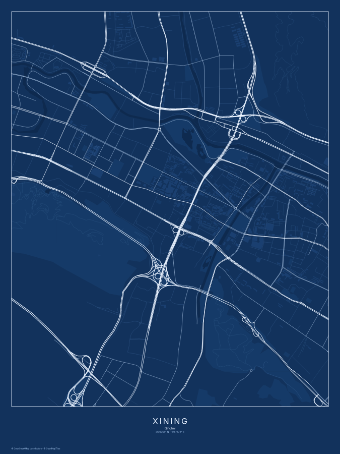 Xining map poster, blueprint style