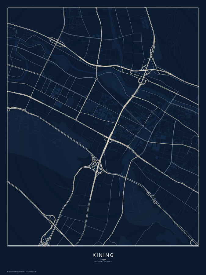 Xining map poster, midnight style