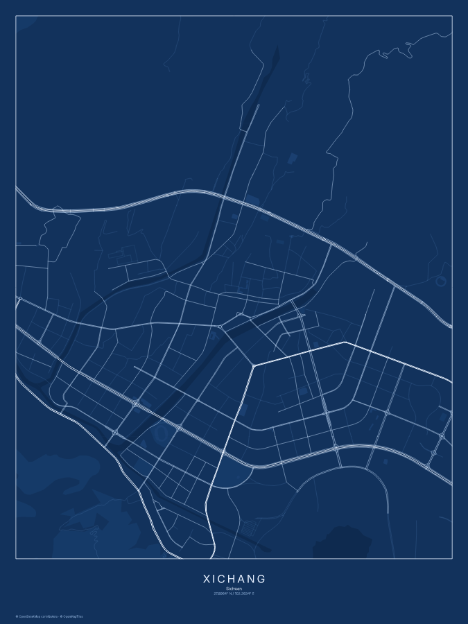 Xichang map poster, blueprint style