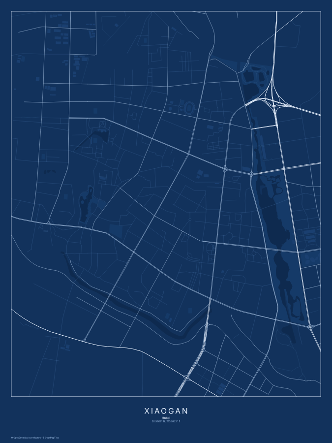 Xiaogan map poster, blueprint style