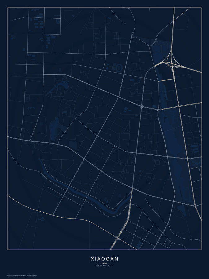Xiaogan map poster, midnight style