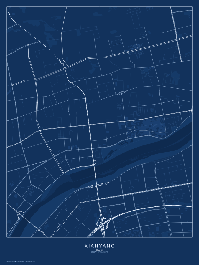 Xianyang map poster, blueprint style