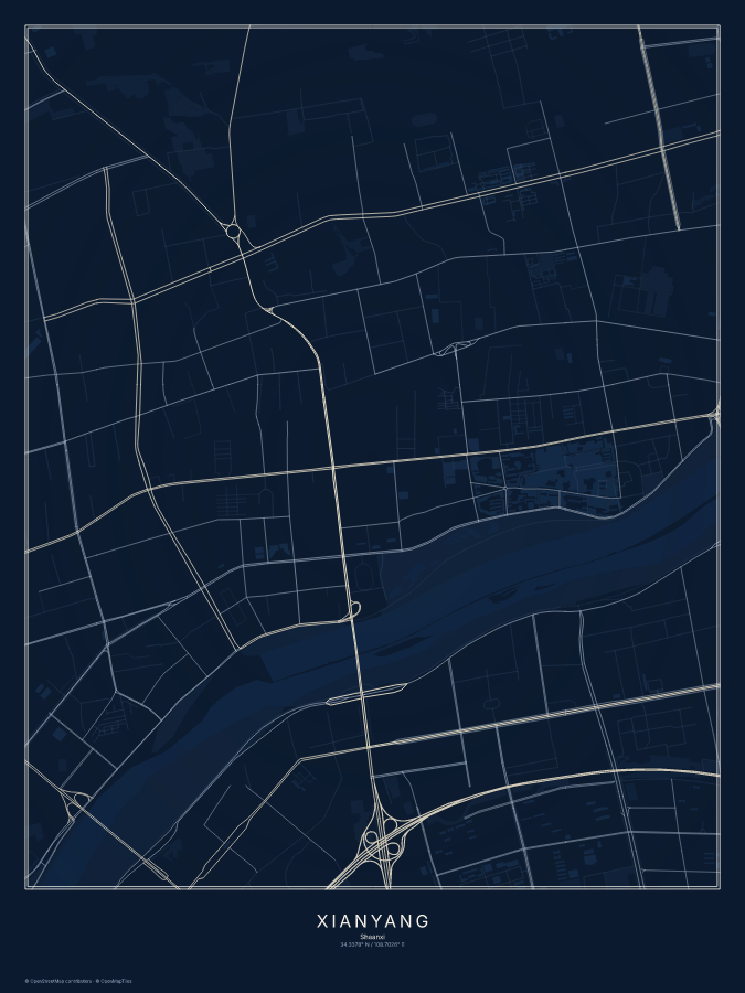 Xianyang map poster, midnight style