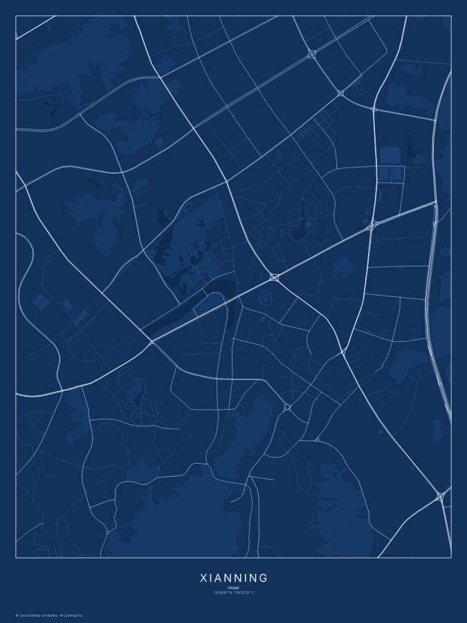 Xianning map poster, blueprint style
