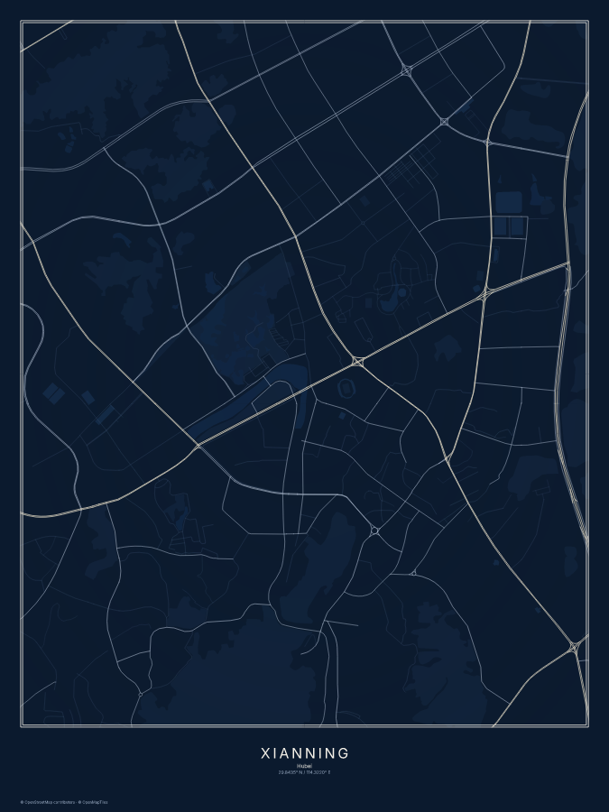 Xianning map poster, midnight style