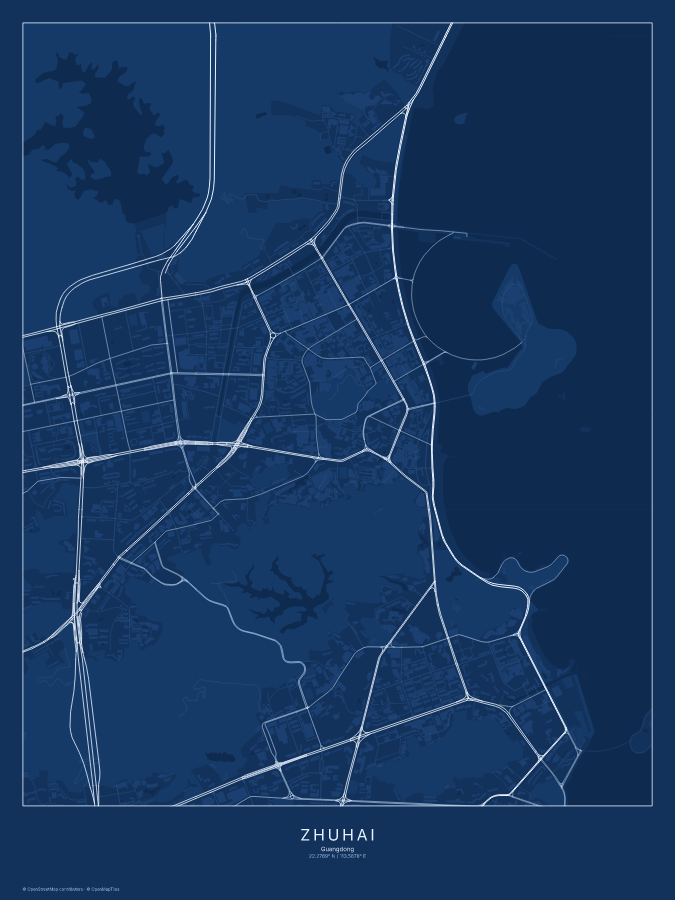 Zhuhai map poster, blueprint style