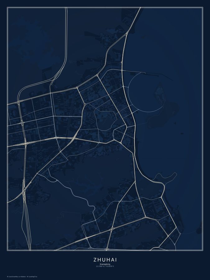 Zhuhai map poster, midnight style