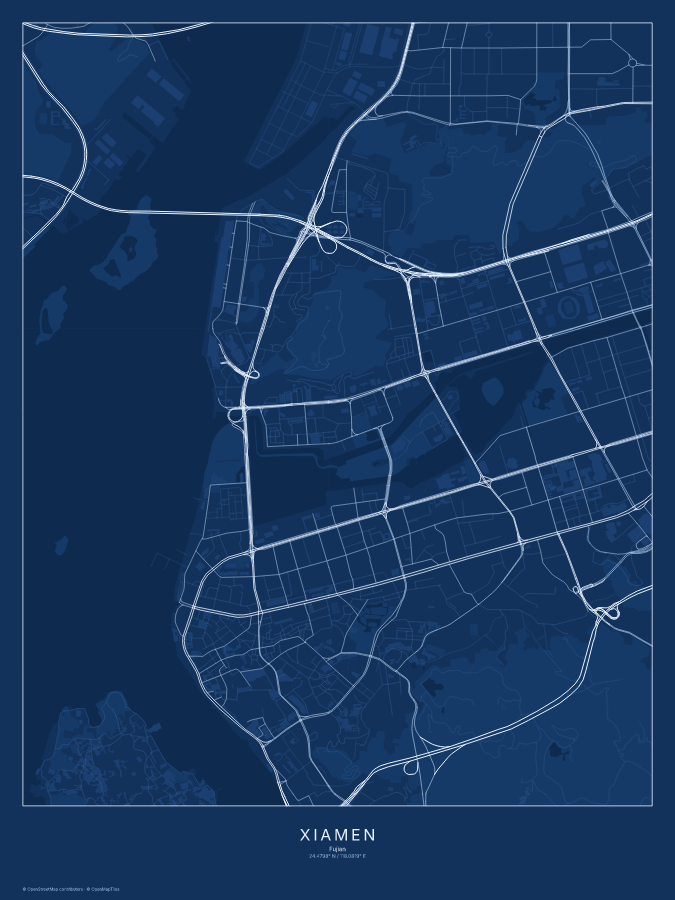 Xiamen map poster, blueprint style