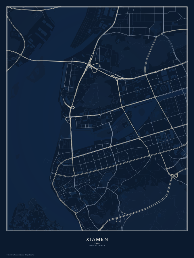 Xiamen map poster, midnight style