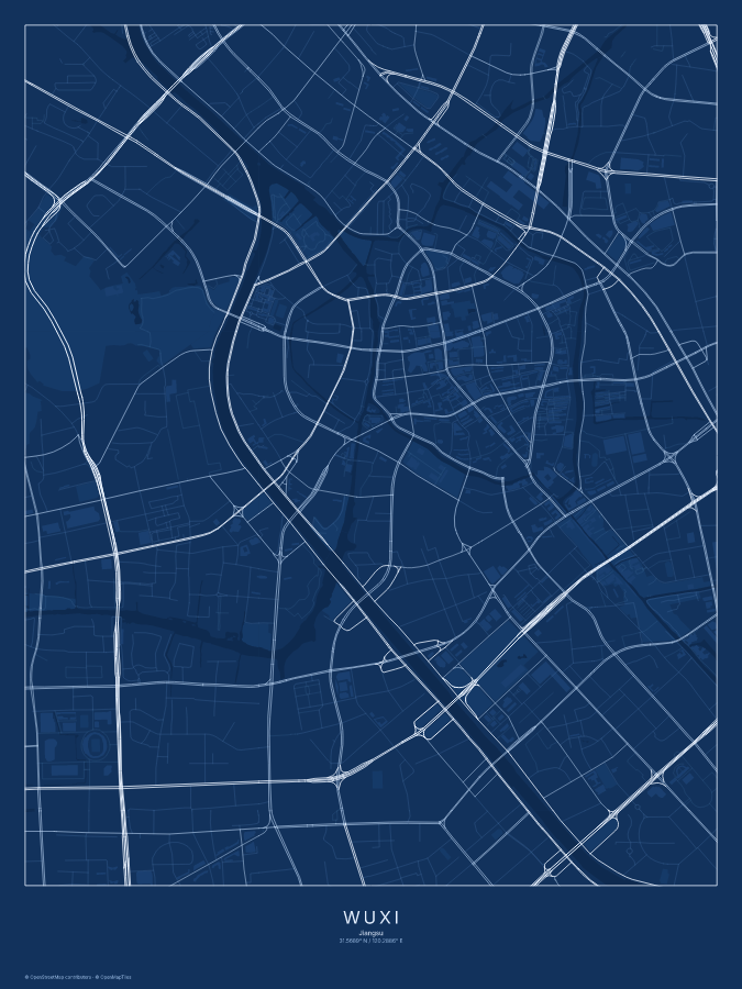 Wuxi map poster, blueprint style