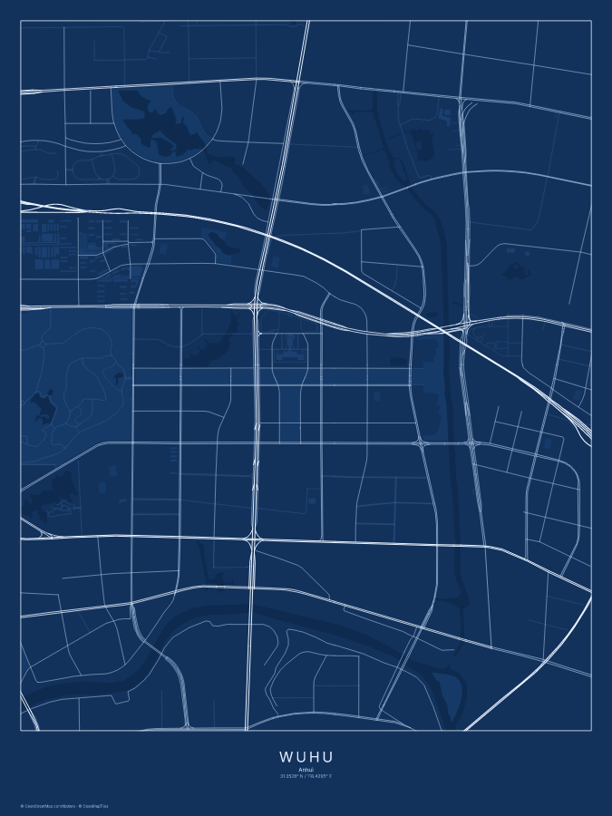 Wuhu map poster, blueprint style