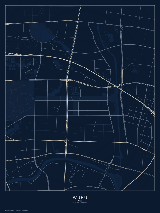Wuhu map poster, midnight style