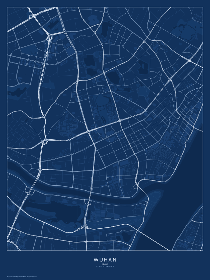 Wuhan map poster, blueprint style