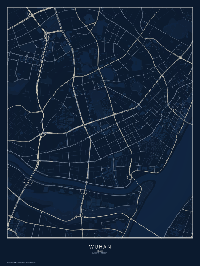 Wuhan map poster, midnight style