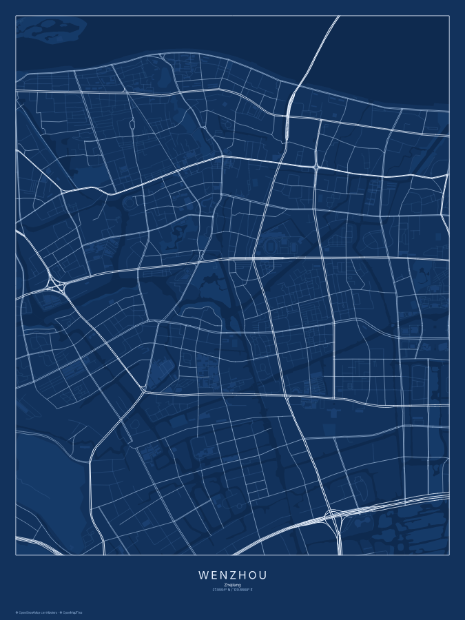 Wenzhou map poster, blueprint style