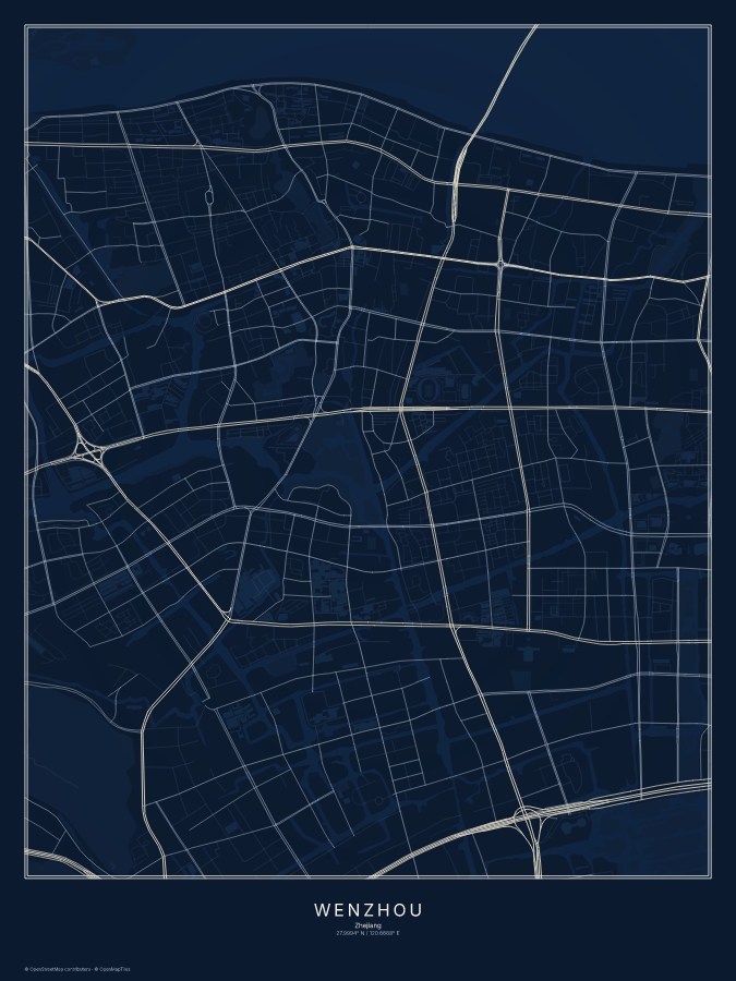 Wenzhou map poster, midnight style
