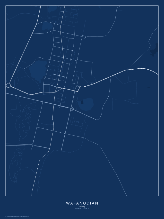 Wafangdian map poster, blueprint style