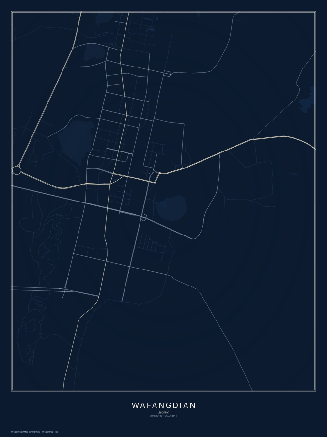 Wafangdian map poster, midnight style