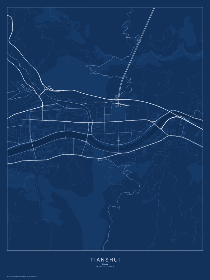 Tianshui map poster, blueprint style