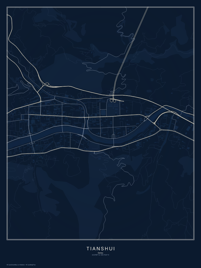 Tianshui map poster, midnight style