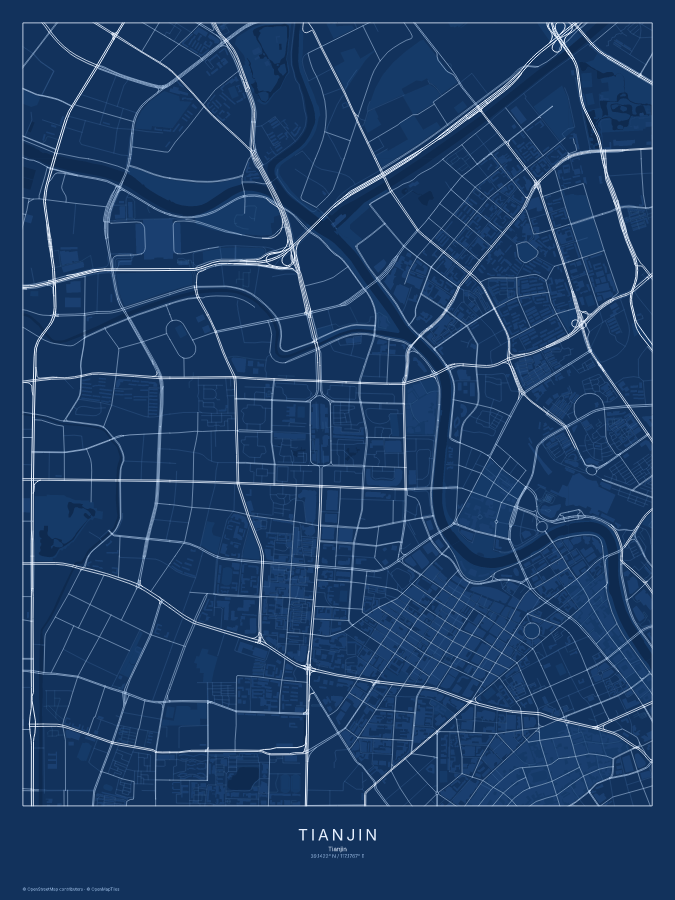 Tianjin map poster, blueprint style