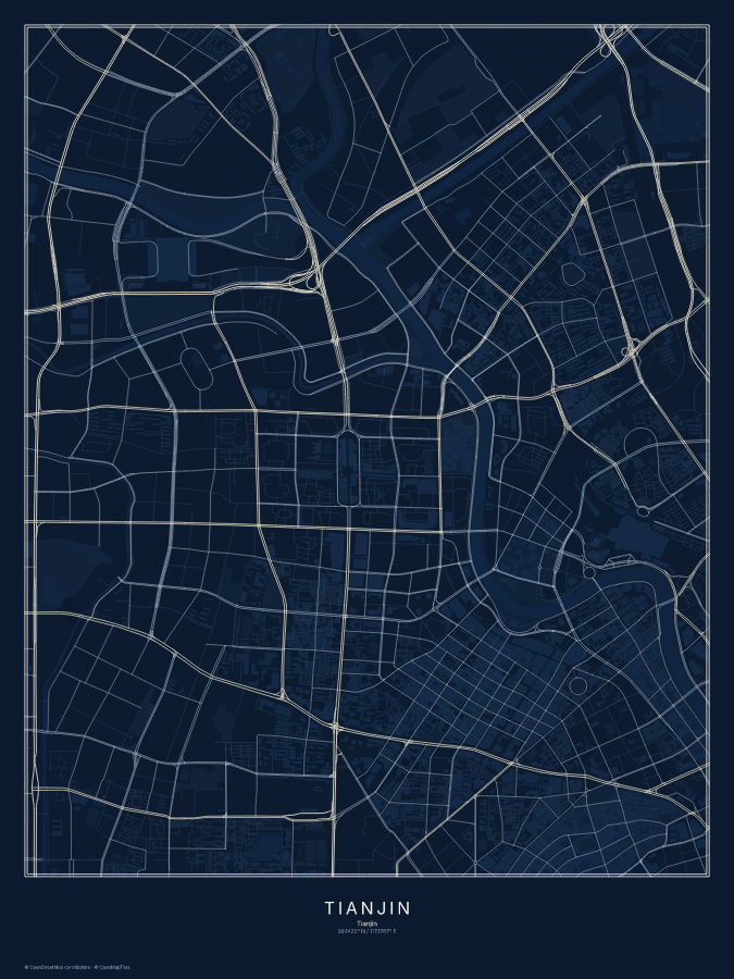 Tianjin map poster, midnight style