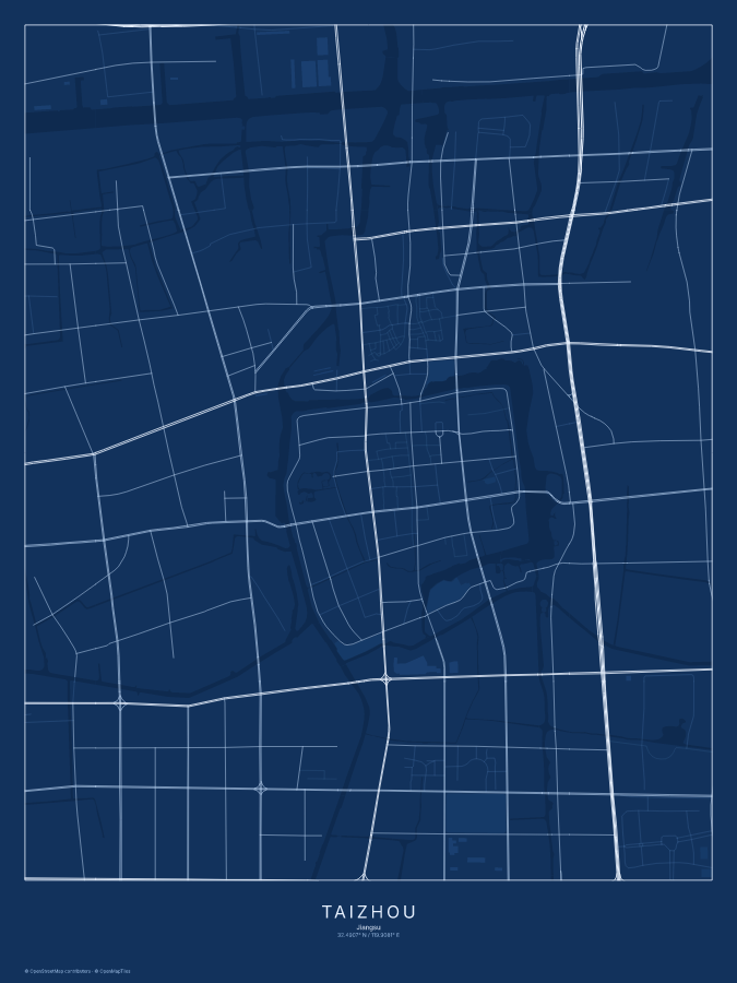 Taizhou map poster, blueprint style