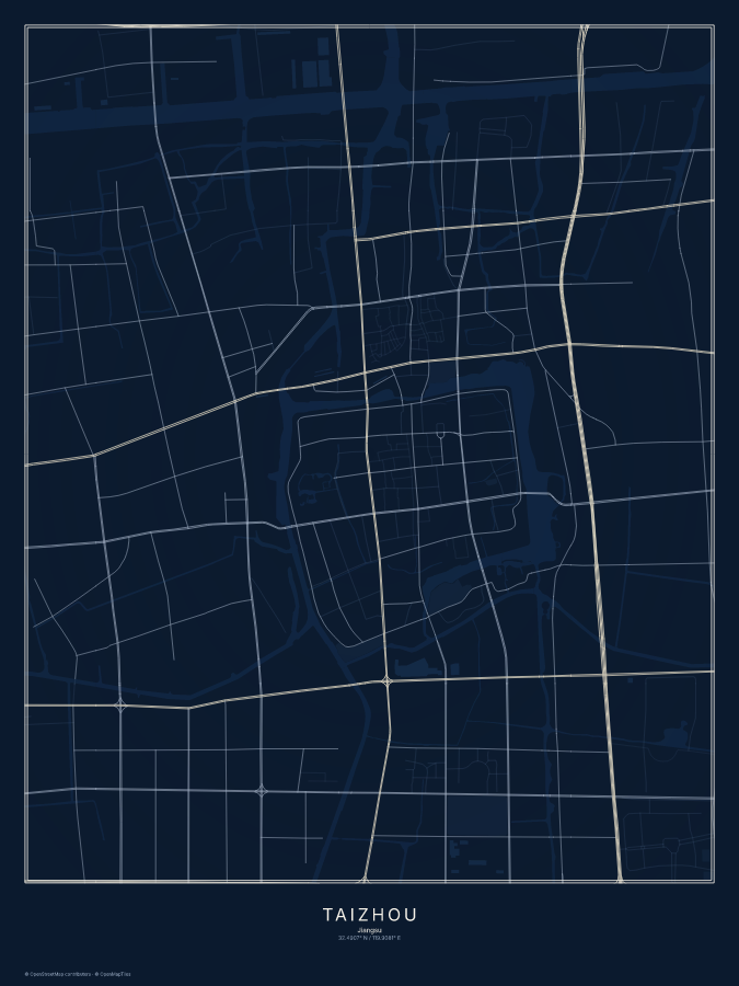 Taizhou map poster, midnight style