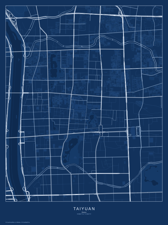 Taiyuan map poster, blueprint style