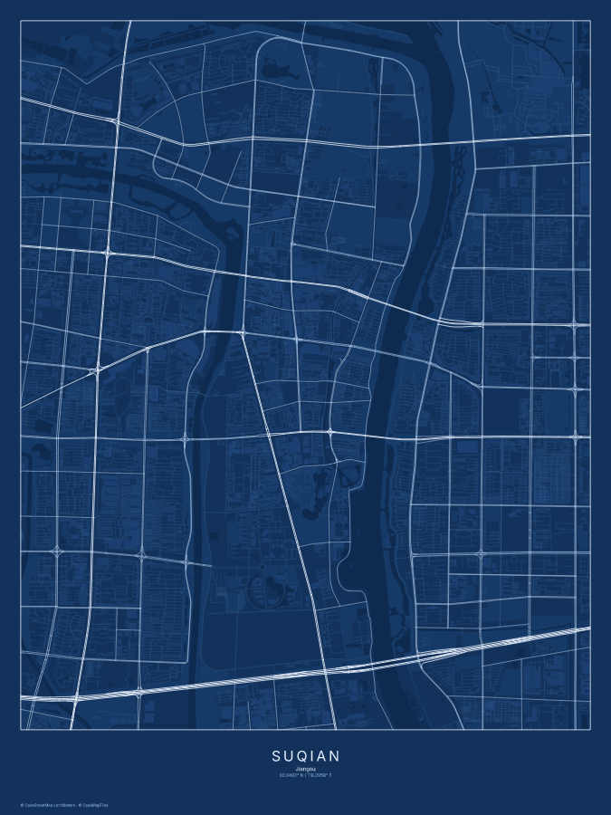 Suqian map poster, blueprint style