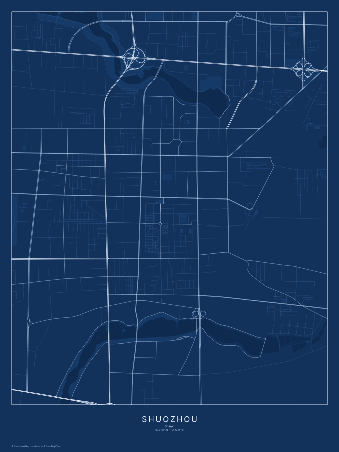 Shuozhou map poster, blueprint style