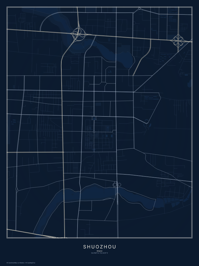 Shuozhou map poster, midnight style