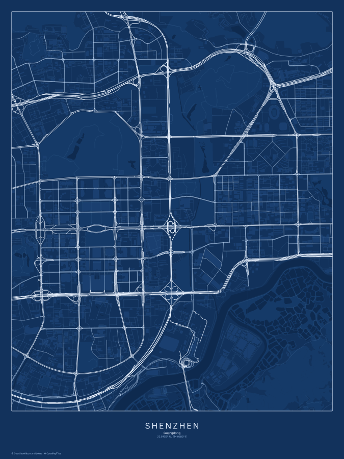 Shenzhen map poster, blueprint style