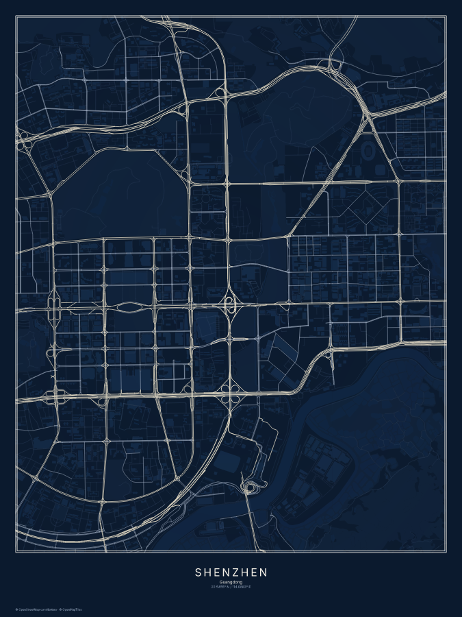 Shenzhen map poster, midnight style