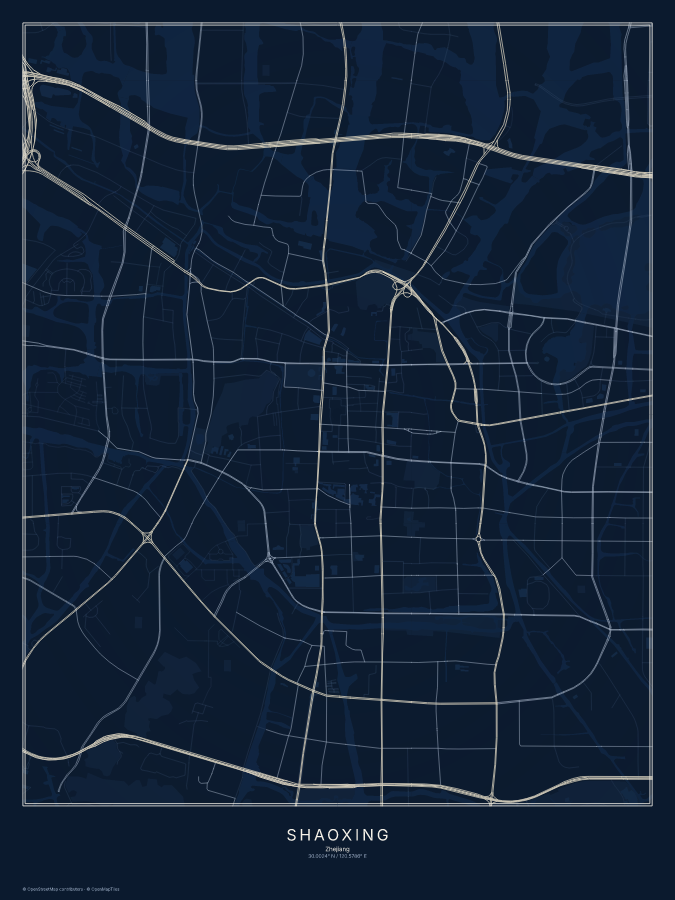 Shaoxing map poster, midnight style