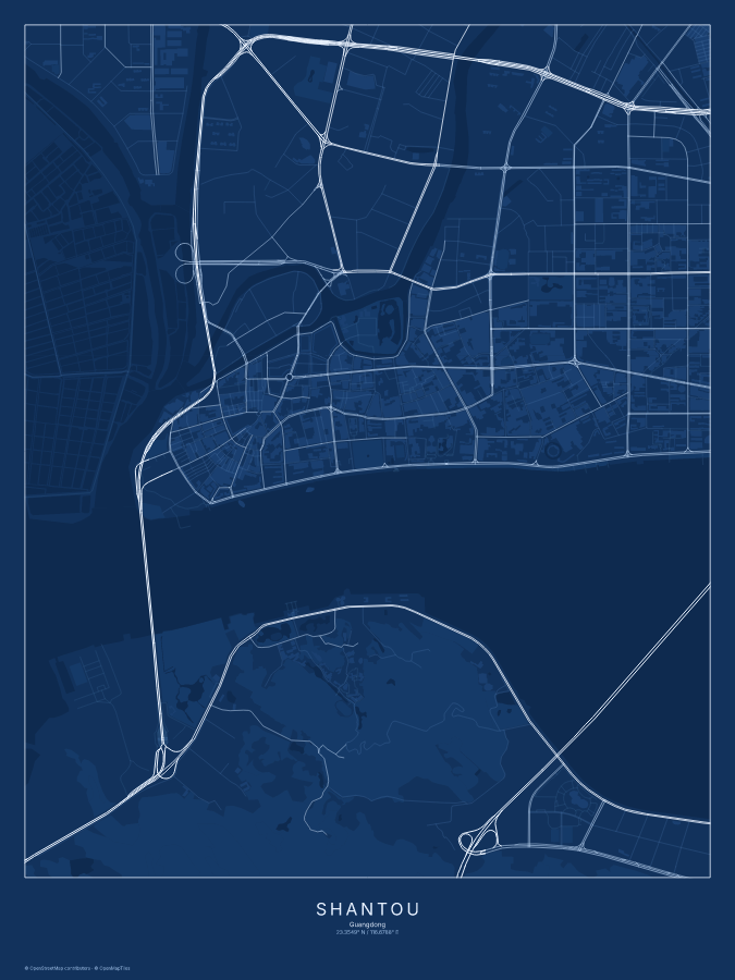 Shantou map poster, blueprint style