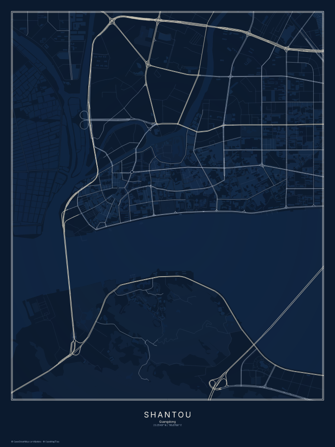 Shantou map poster, midnight style
