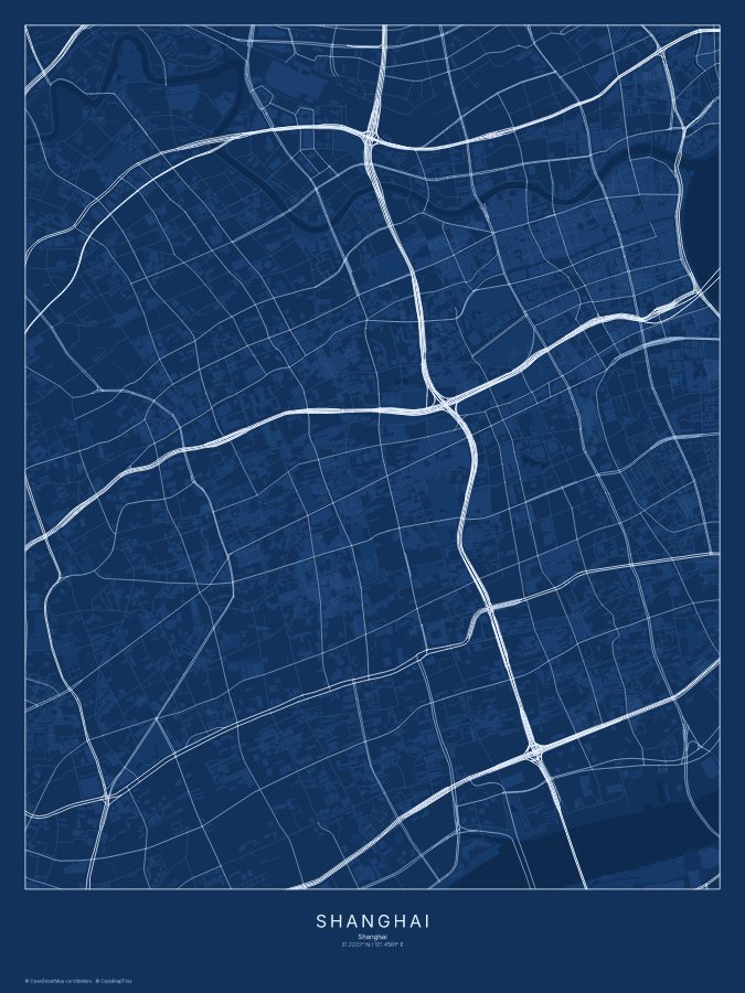 Shanghai map poster, blueprint style