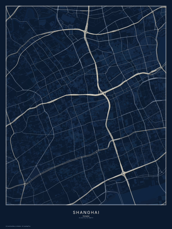Shanghai map poster, midnight style