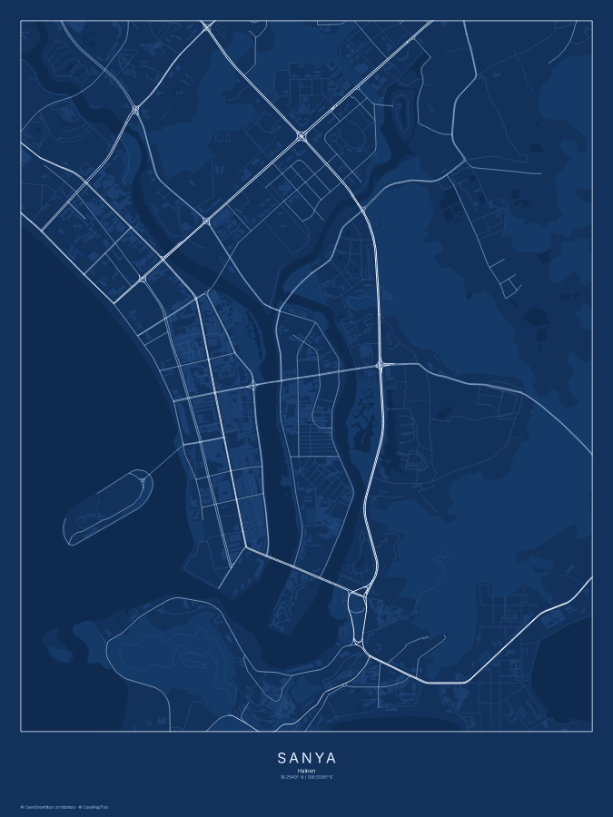 Sanya map poster, blueprint style