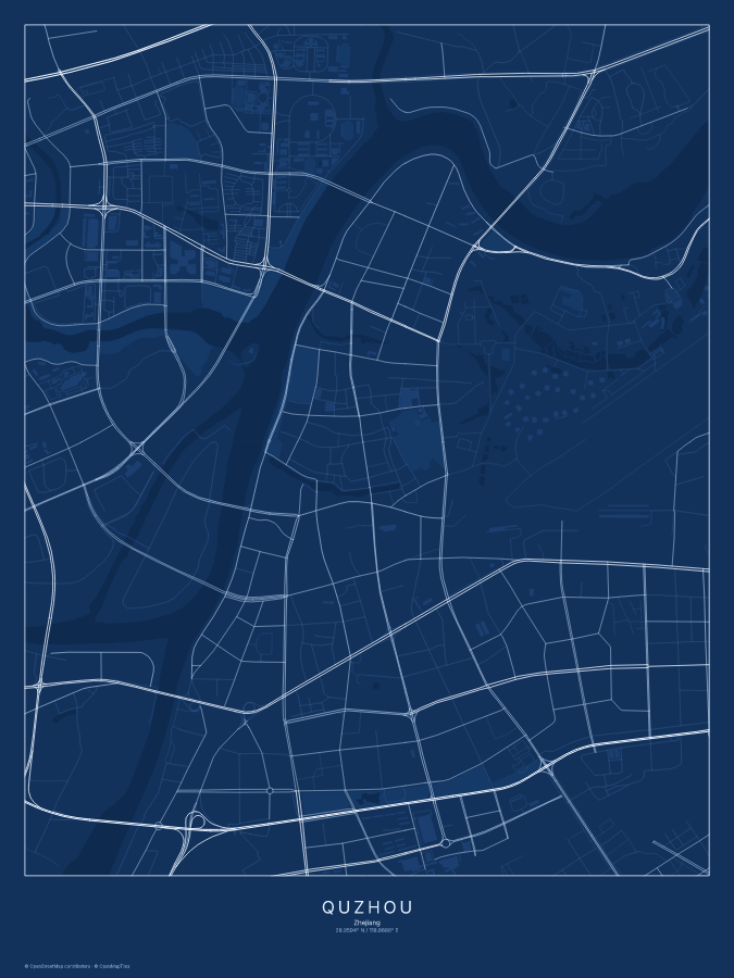 Quzhou map poster, blueprint style