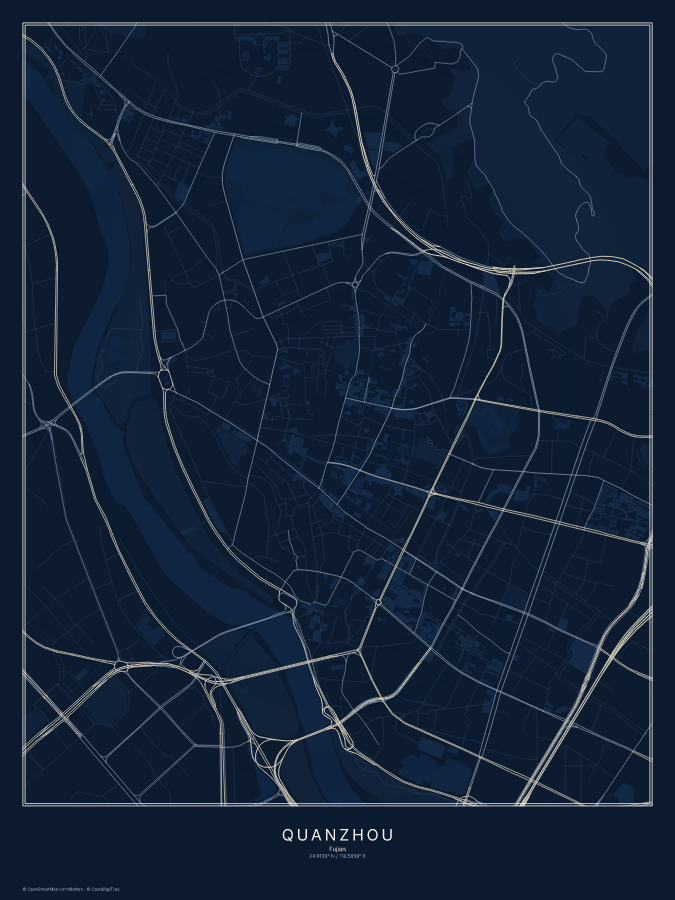 Quanzhou map poster, midnight style