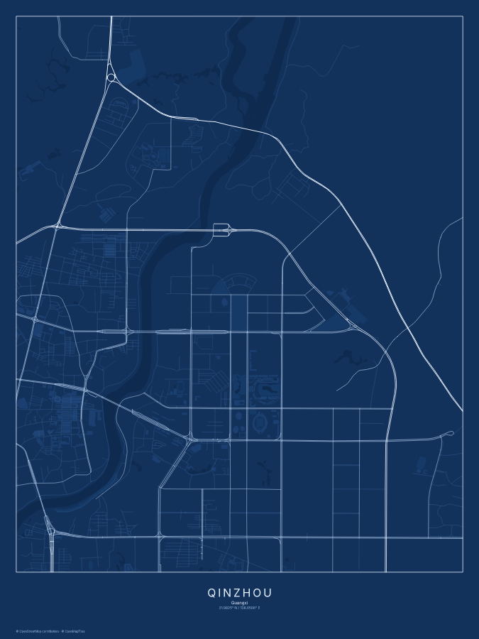 Qinzhou map poster, blueprint style