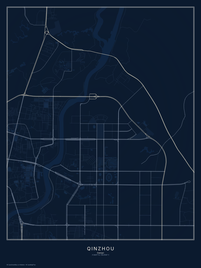 Qinzhou map poster, midnight style