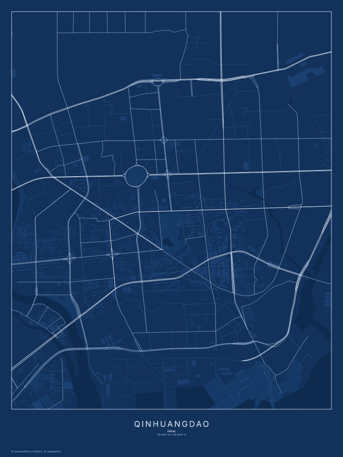 Qinhuangdao map poster, blueprint style